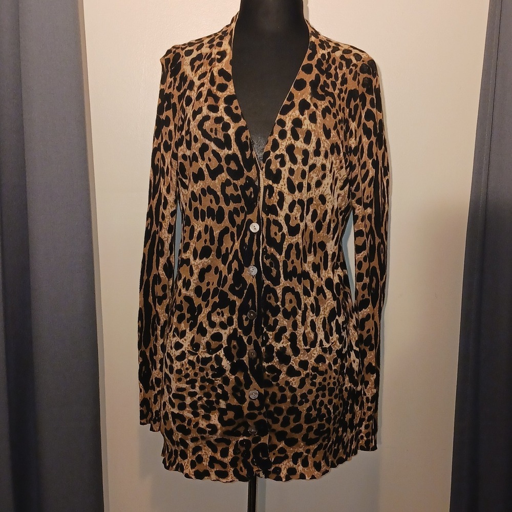 Olivia Sky Chic Mob Wife Leopard Print Tunic long Sweater Cardigan VNeck XL